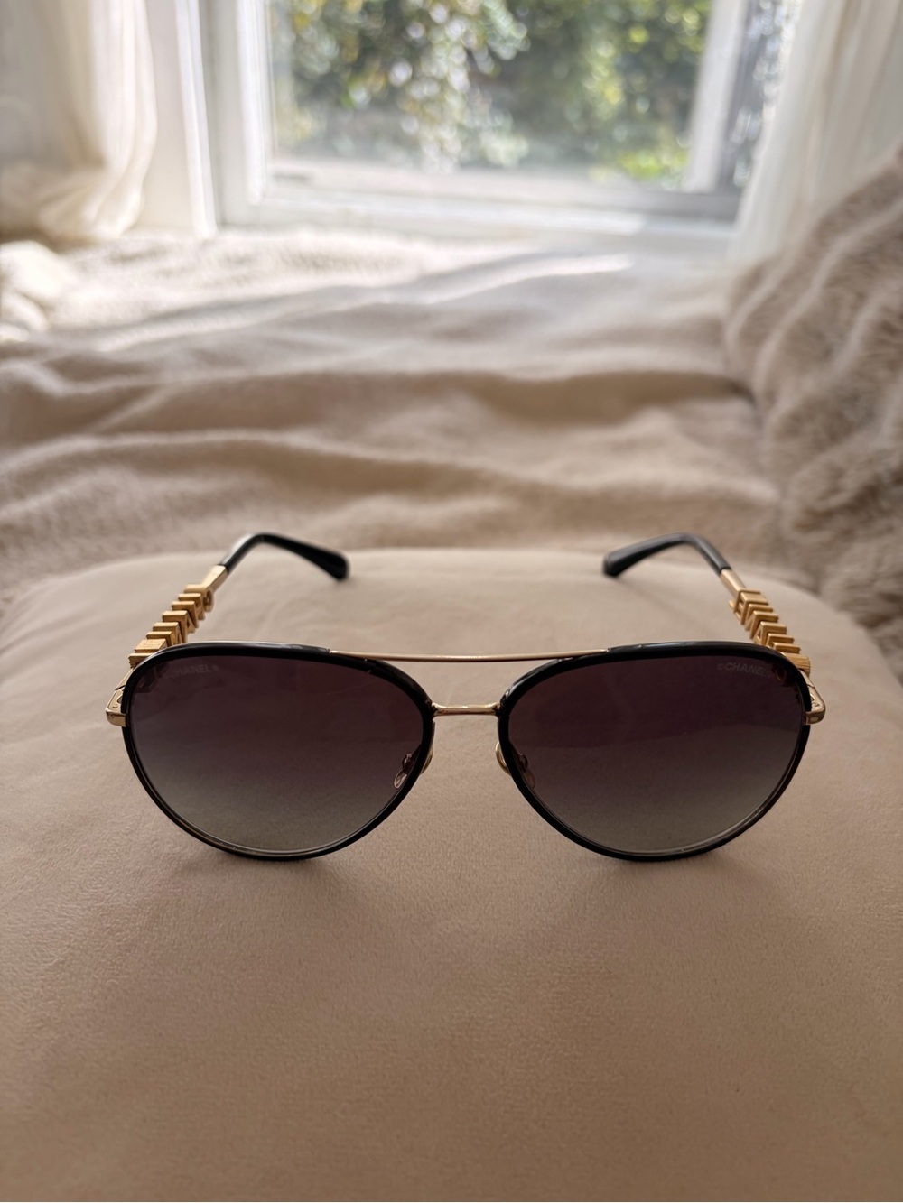 CHANEL Black and Gold Aviator Sunglasses